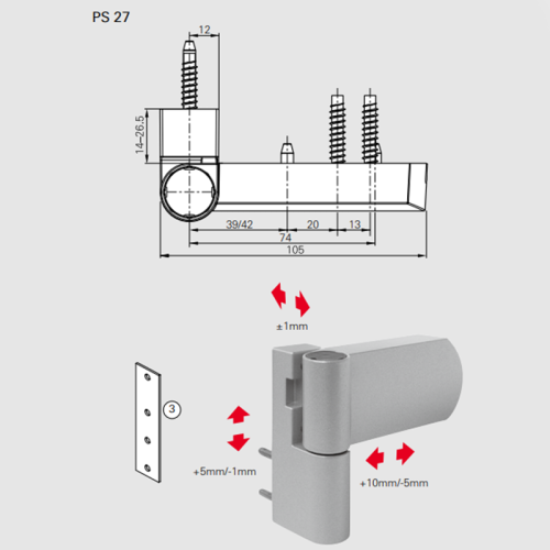 Kích thước bản lề 3D Roto 120kg PS27