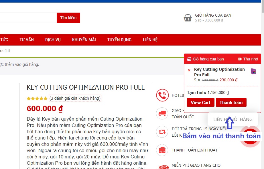 Bảm vào giỏ hàng ở thanh trượt bên phải