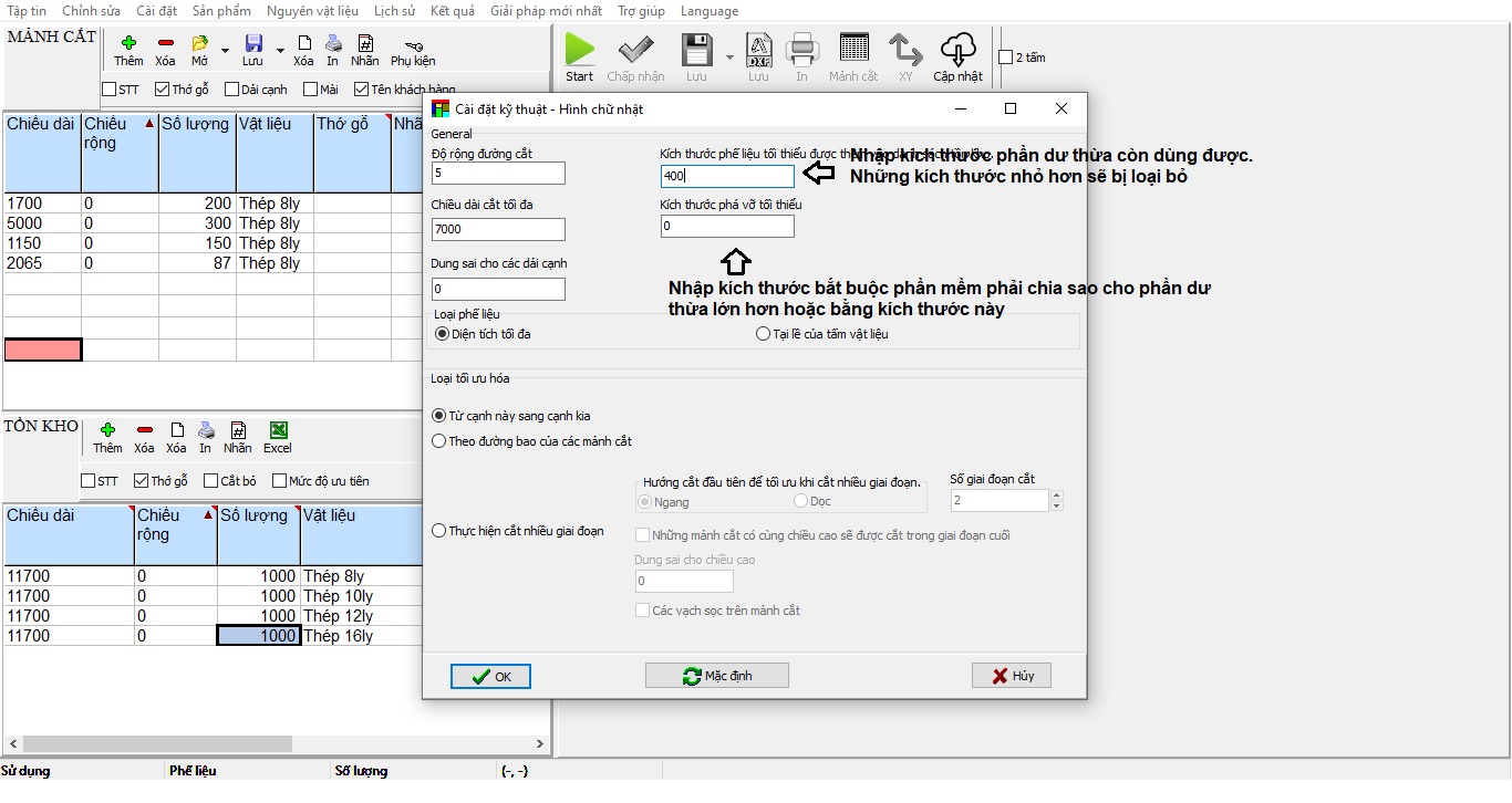 Cài đặt chia cắt tấm hay cài đăt 2D