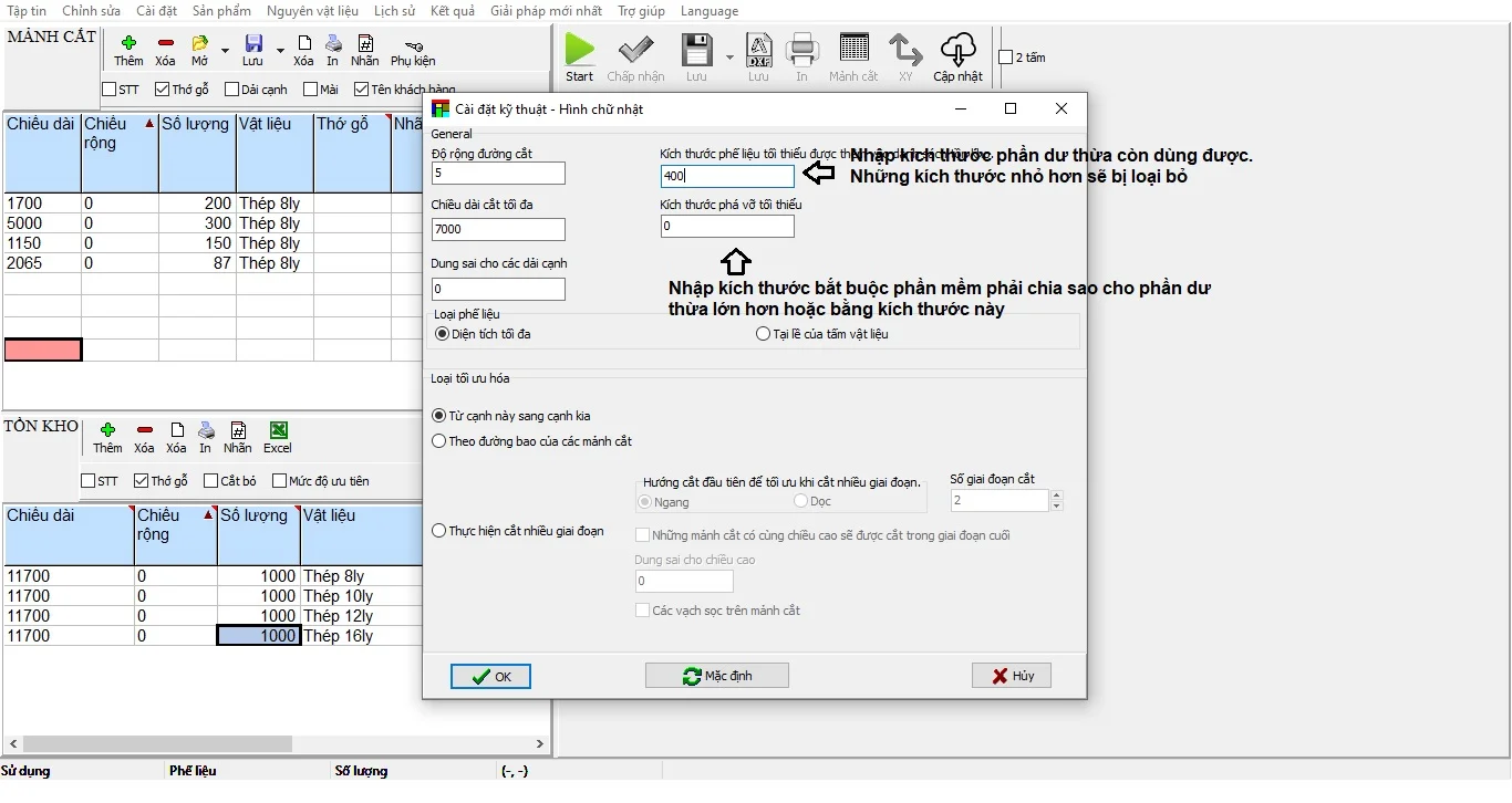 Cài đặt chia cắt tấm hay cài đăt 2D