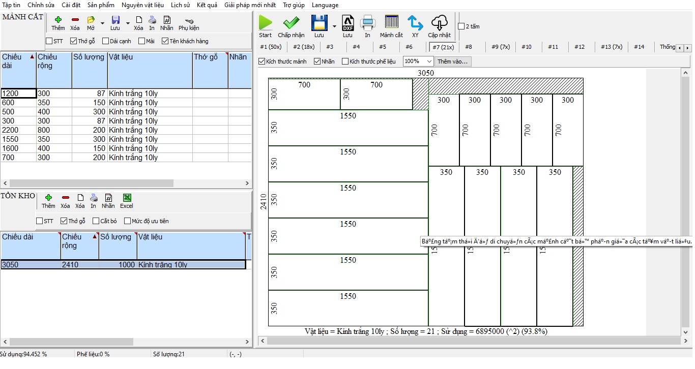 Hình ảnh phần mềm sử dụng để chia cắt kính tôi ưu
