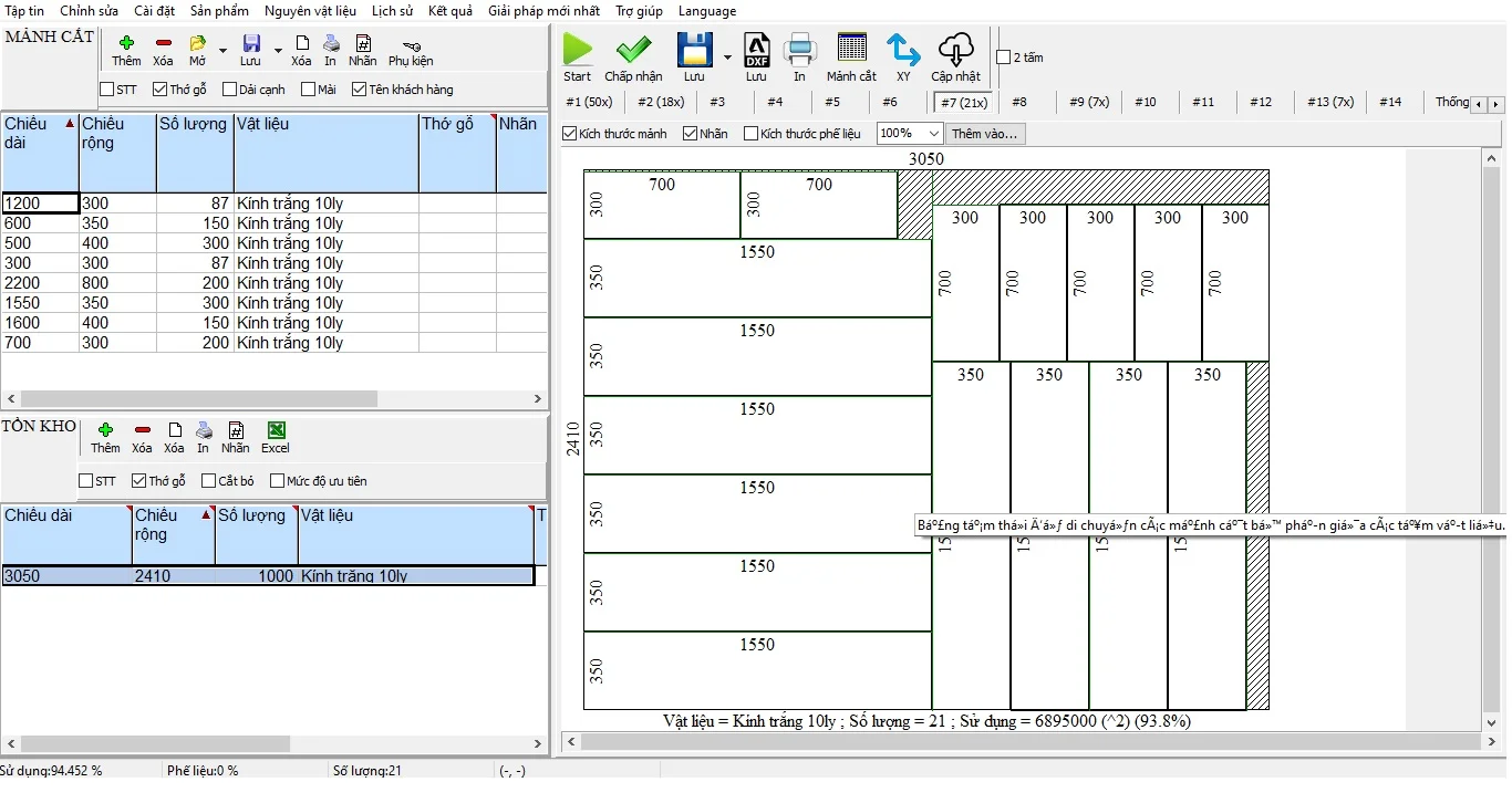 Hình ảnh phần mềm sử dụng để chia cắt kính tôi ưu