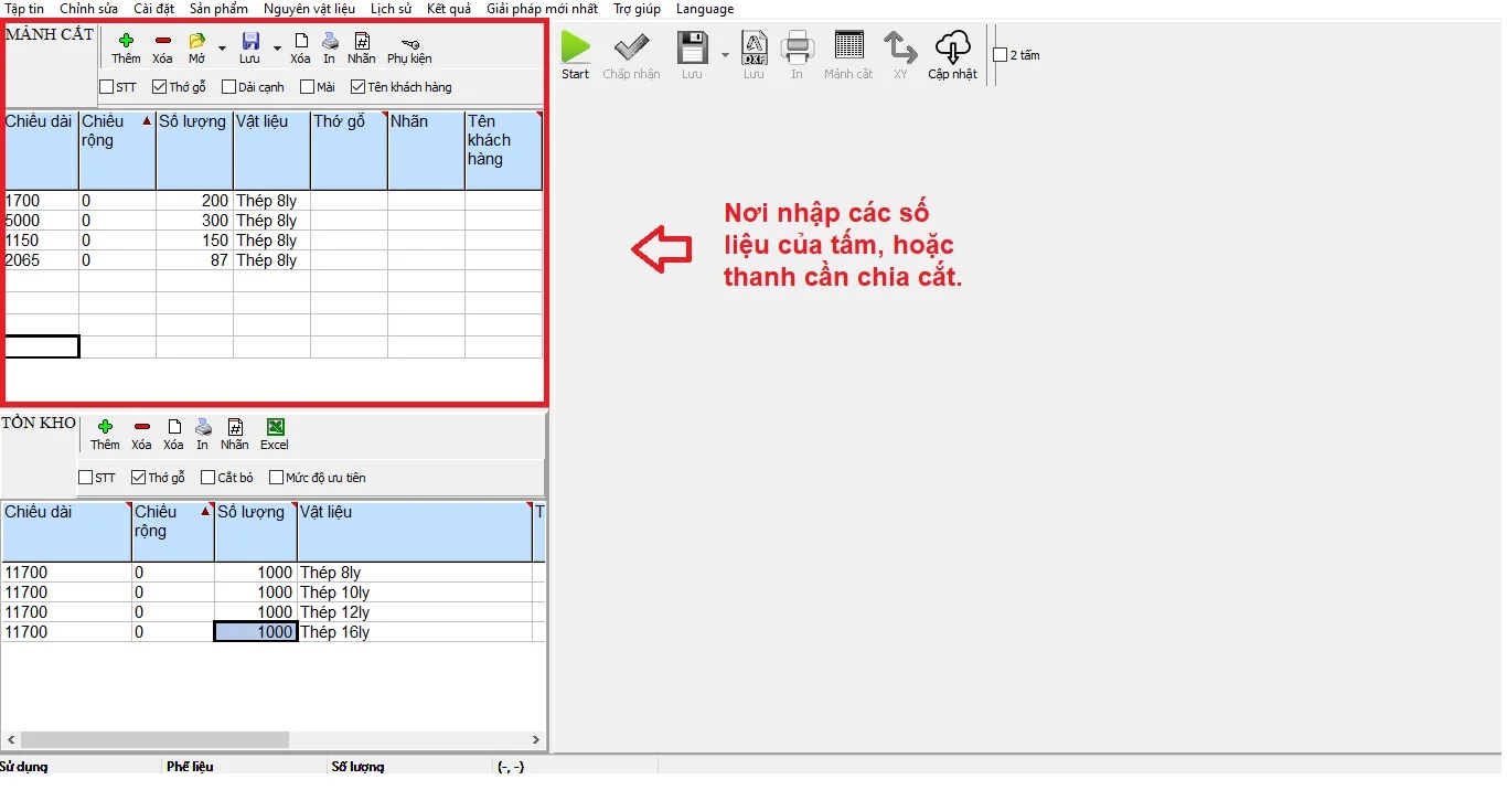 Nhập số liệu mảnh cần cắt vào phần mềm cắt thép