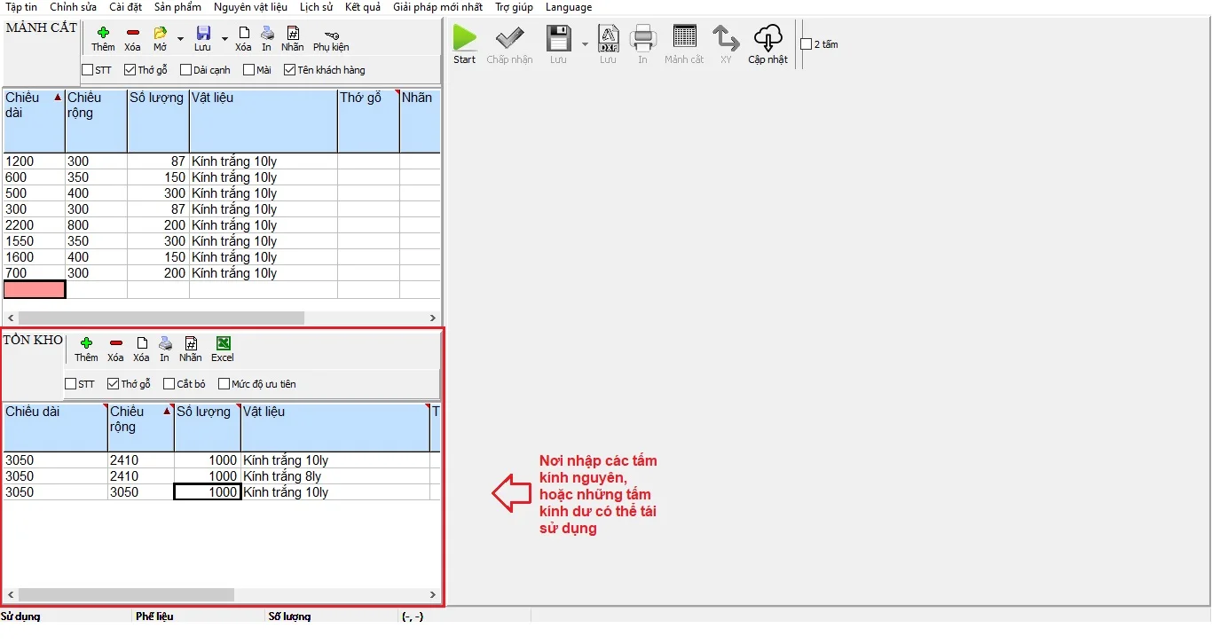 Nơi nhập các tấm kính còn nguyên và những tấm dư thưa có thể tái sử dụng