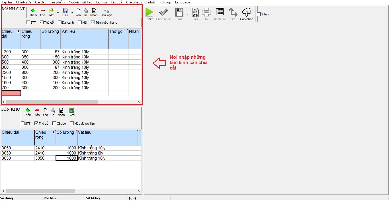 Nơi nhập những tấm kính cần chia cắt