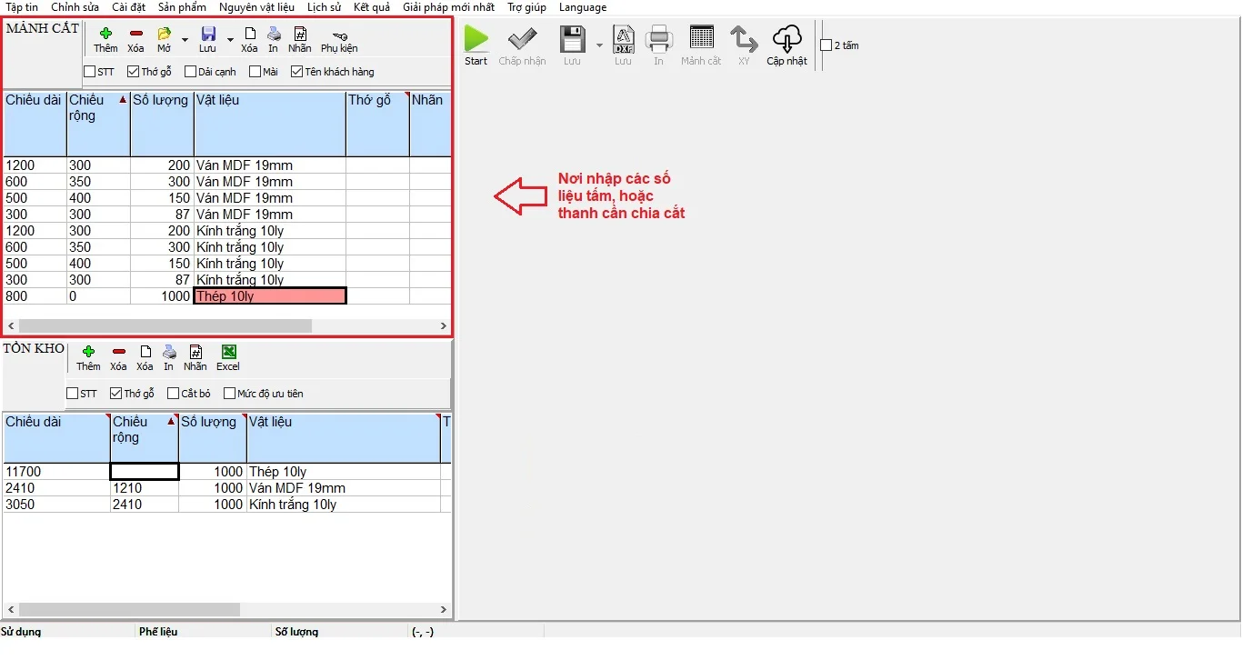 Phần nhập các số liệu tấm, thanh cần chia cắt