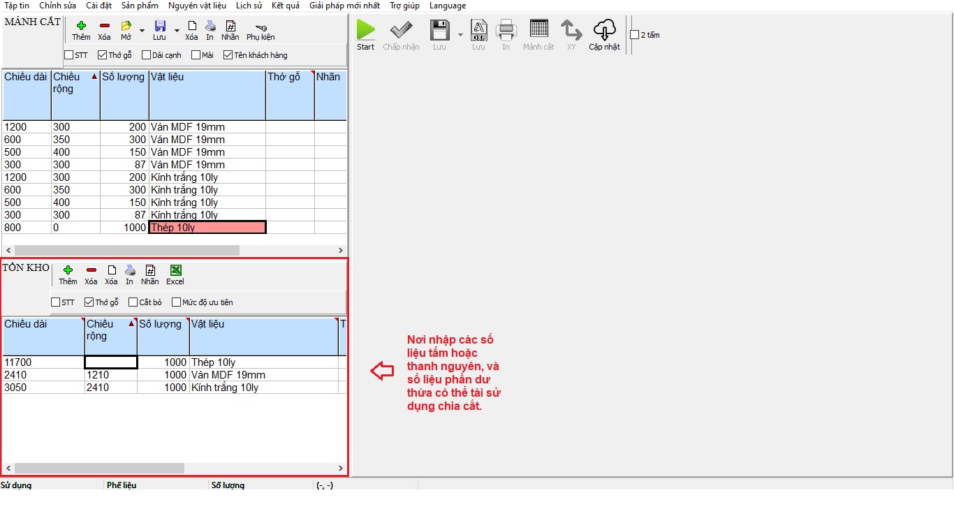 Phần nhập tồn kho các loại vật liệu ở phần mềm Cutting Optimization Pro