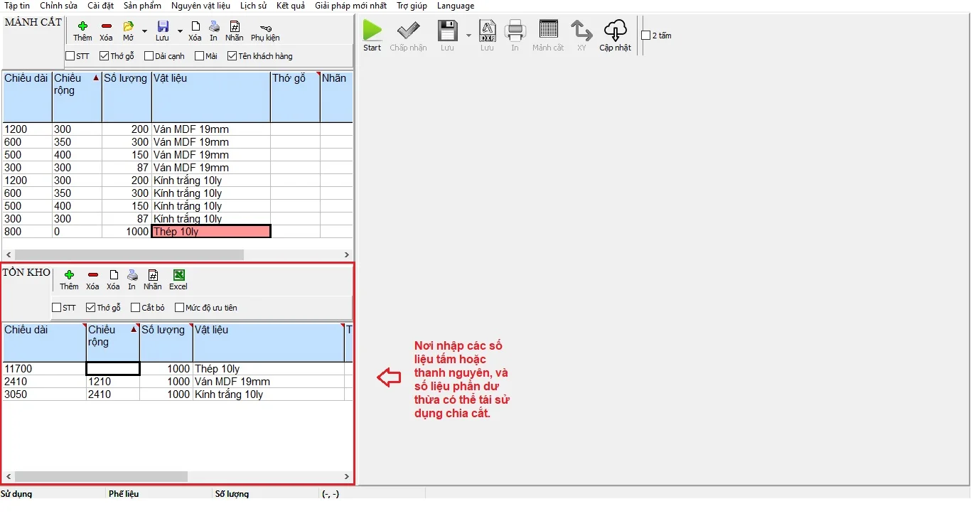 Phần nhập tồn kho các loại vật liệu ở phần mềm Cutting Optimization Pro