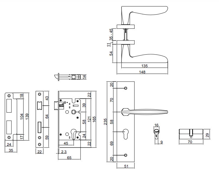 Thông số kỹ thuật Khóa cửa VICKINI 32015.002 BSN dài 235