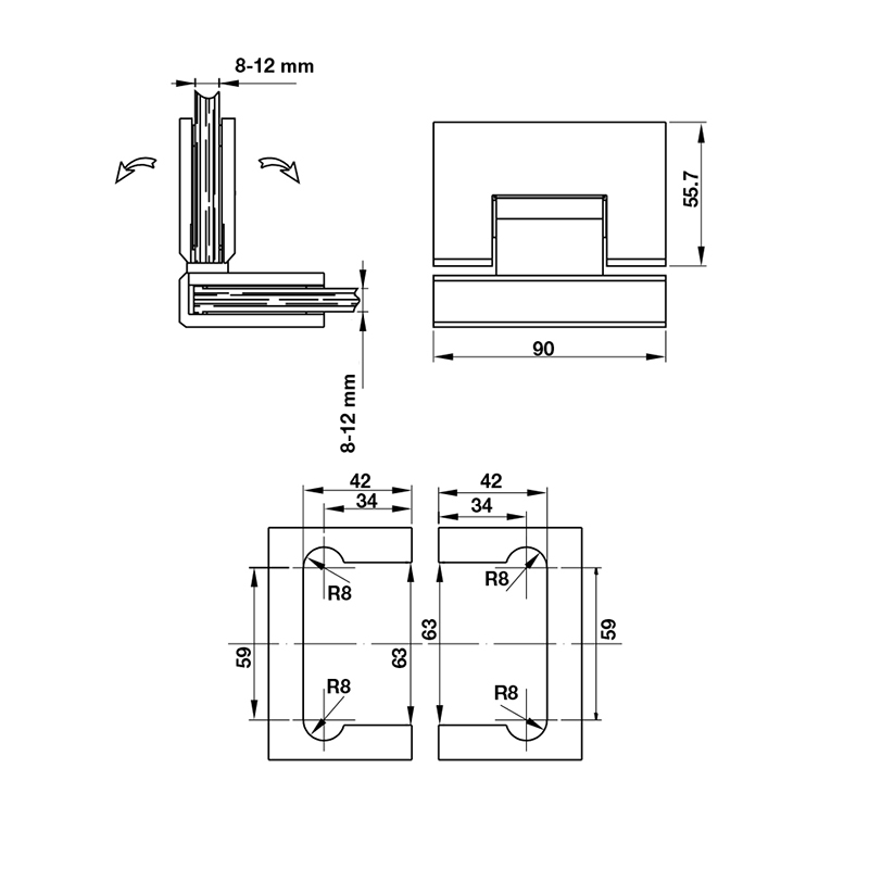 Thông số kĩ thuật bản lề kính kính 90 độ Hafele 981.77.906