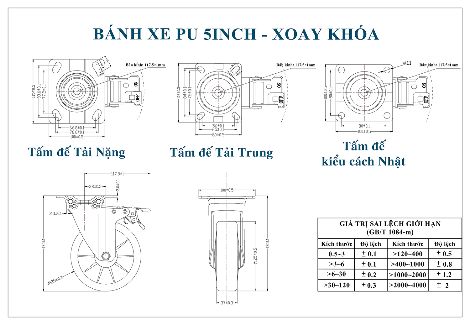 Thông số kỹ thuật bánh xe đẩy nhựa PU BXD026-125 lõi nhựa xoay có khóa