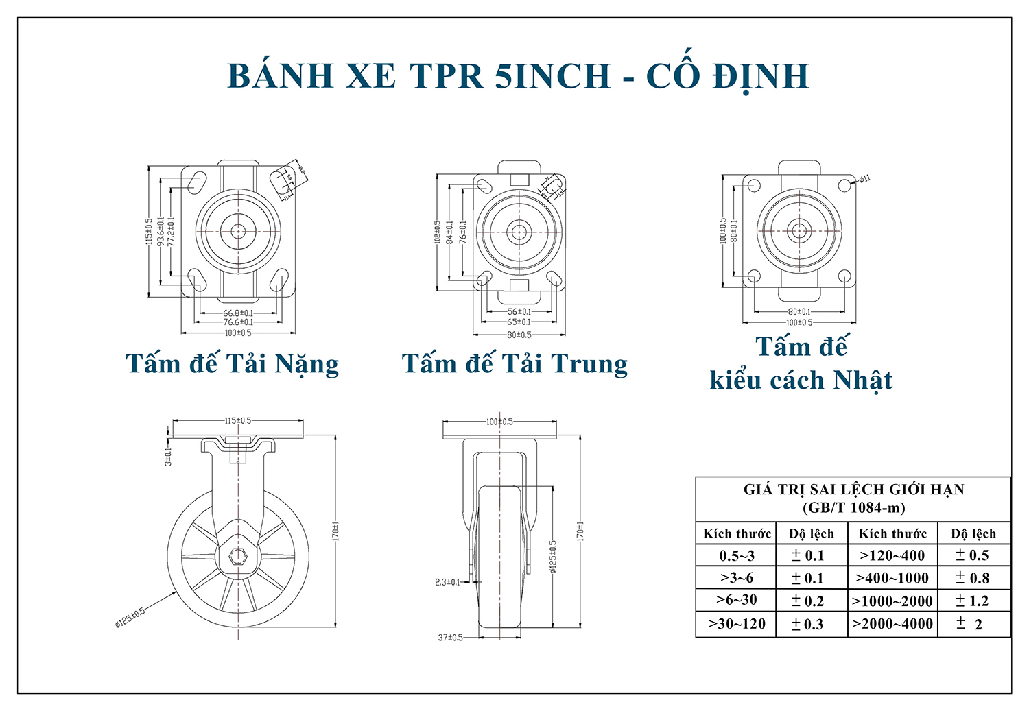 Thông số kỹ thuật bánh xe đẩy nhựa TPR BXD018-125 cố định