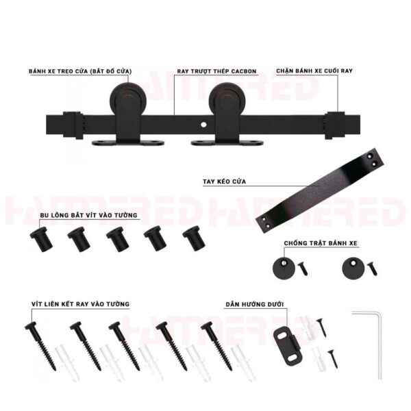 Bộ bánh xe lùa treo HMR1006 200kg thép Cabon có giảm chấn