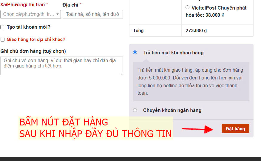 Bấm nút đặt mua để hoàn tất quá trình đặt hàng online sau khi nhập xong thông tin