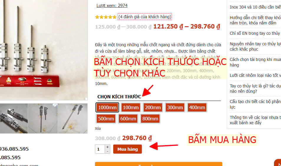 Chọn kích thước hoặc các tùy chọn khác để hiển thị giá sản phẩm cần và bấm nút mua hàng để thêm vào giỏ hàng