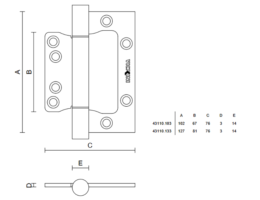 Thông số kỹ thuật bản lề âm dương inox 201 Vickini 43110