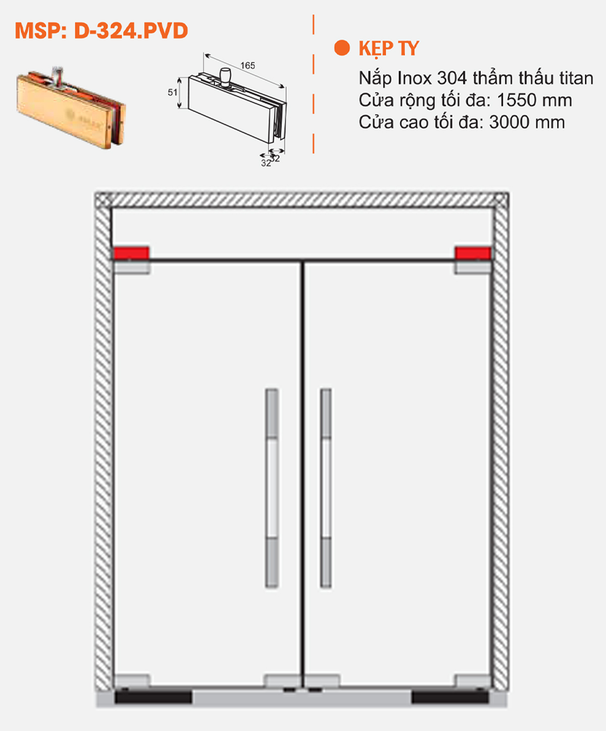 Thông số kỹ thuật kẹp kính đỉnh ADLER D324PVD màu vàng