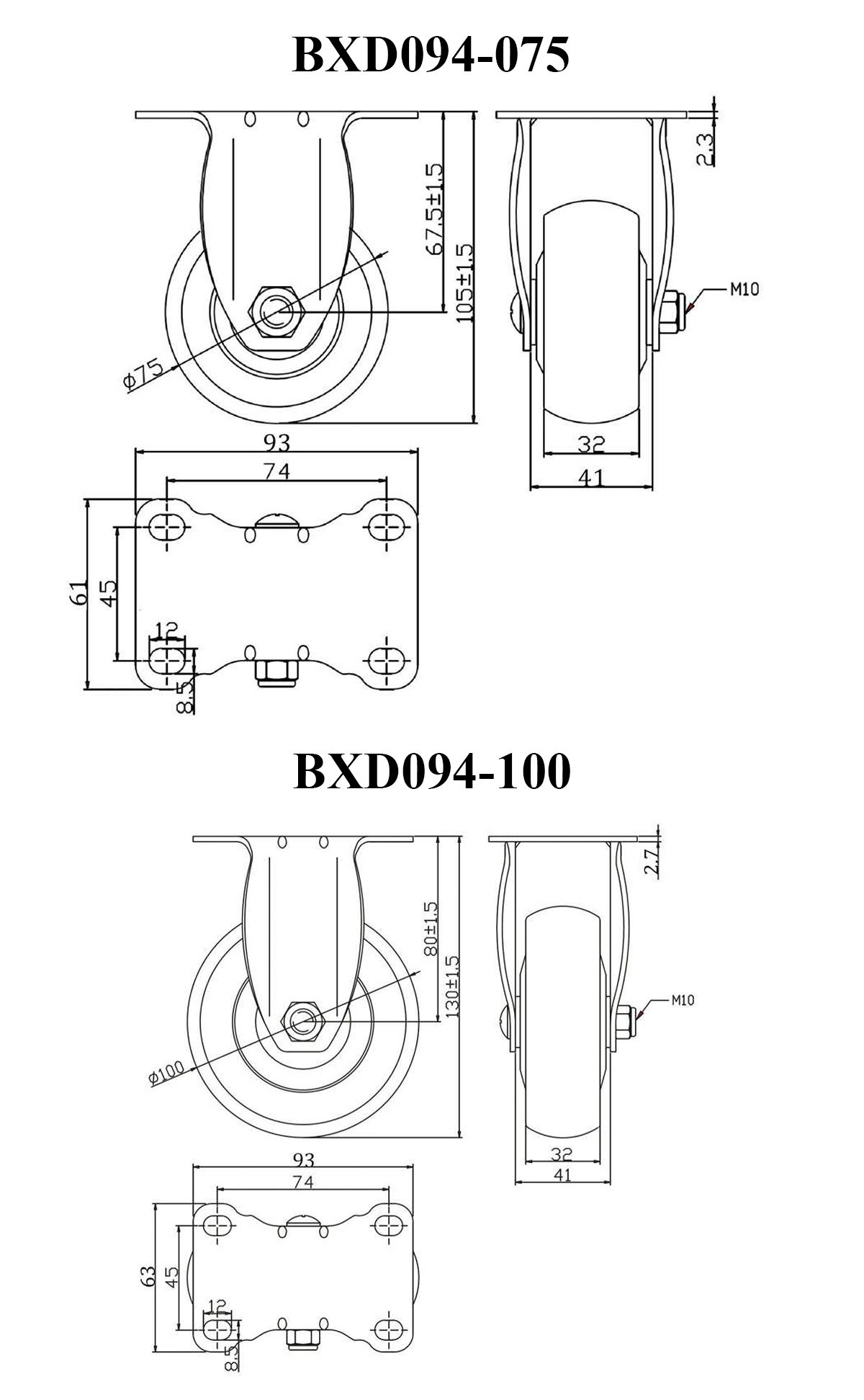 Thông số kỹ thuật bánh xe đẩy TPR tĩnh điện BXD094 cố định