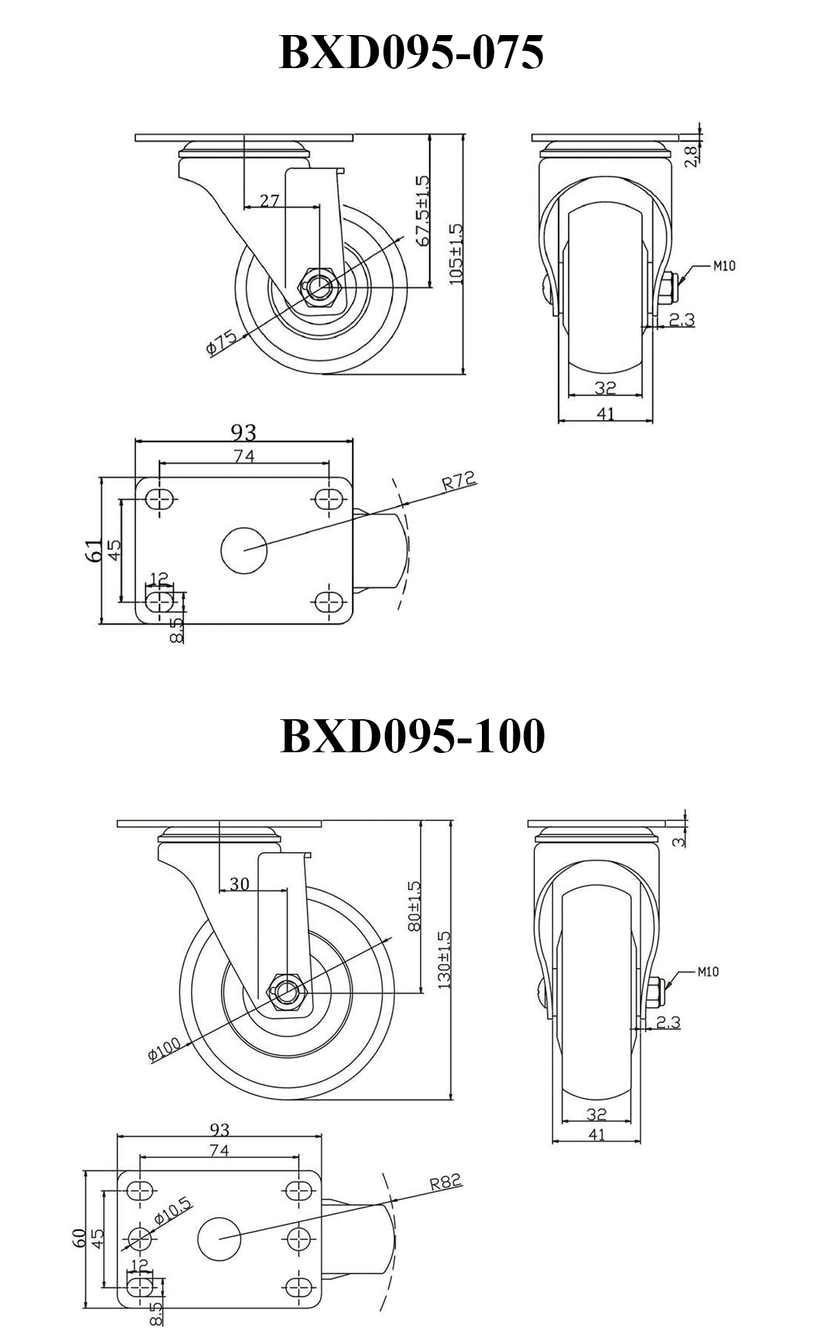 Thông số kỹ thuật bánh xe đẩy TPR tĩnh điện BXD095 xoay 360