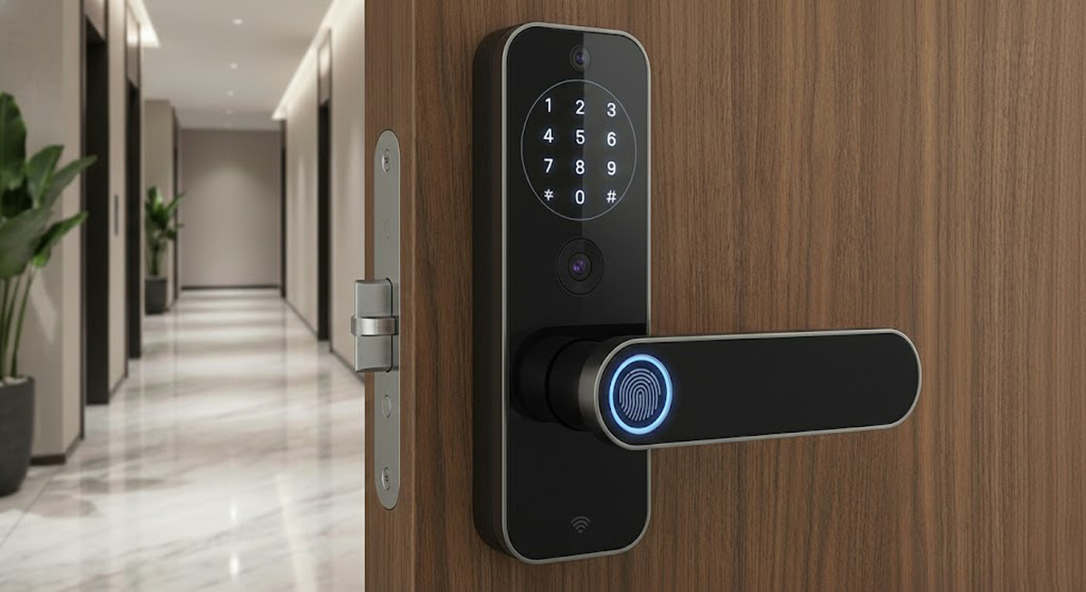 khóa cửa vân tay hiện đại được lắp trên cửa chính của căn hộ chung cư